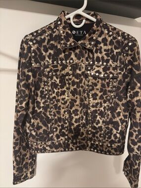 SETA Apparel Leopard Print Studded Jean Jacket - Brown